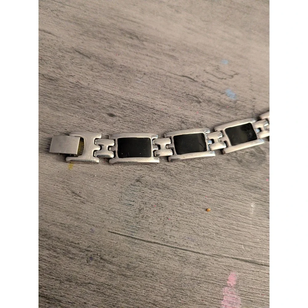 Mens Stainless Steel Black Enamel Link‎ Bracelet Silver Tone 9 Inch Modern Style